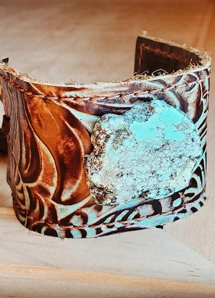 Leather Cuff Turquoise Brown Floral w/ Turq Slab