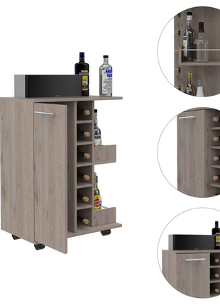 Magda Bar Cart, Four Caster, Six Wine Cubbies, Single Door Cabinet, Two External Shelves