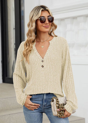 Ribbed Notched Long Sleeve T-Shirt