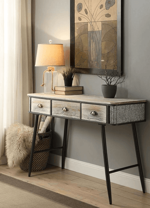 Alta Collection Table or Desk -3 Drawers Washed Fir Wood w/gray and black metal - GypsyHeart