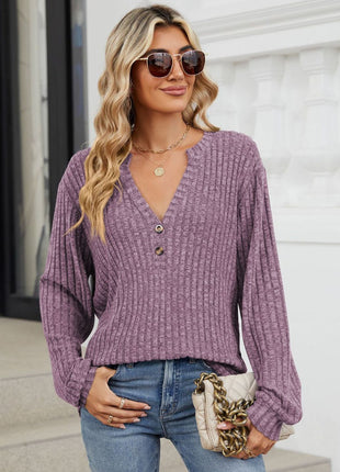 Ribbed Notched Long Sleeve T-Shirt