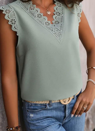 Lace Detail V-Neck Cap Sleeve Top