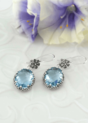 Blue Topaz Gemstone Silver Oval Dangle Earrings - GypsyHeart