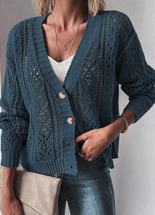 Openwork Button Up Long Sleeve Cardigan