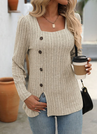 Decorative Button Striped Square Neck Long Sleeve T-Shirt