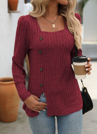 Decorative Button Striped Square Neck Long Sleeve T-Shirt