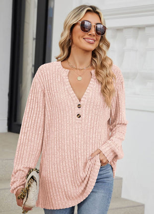 Ribbed Notched Long Sleeve T-Shirt