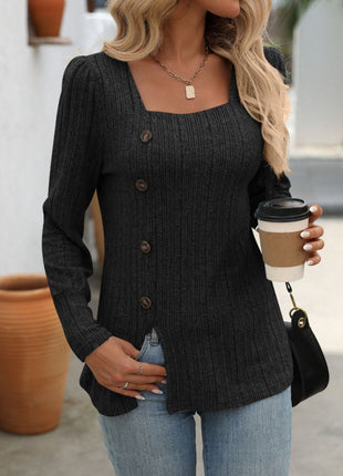 Decorative Button Striped Square Neck Long Sleeve T-Shirt