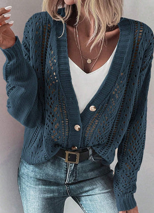 Openwork Button Up Long Sleeve Cardigan