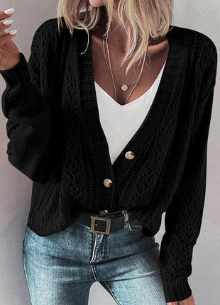 Openwork Button Up Long Sleeve Cardigan