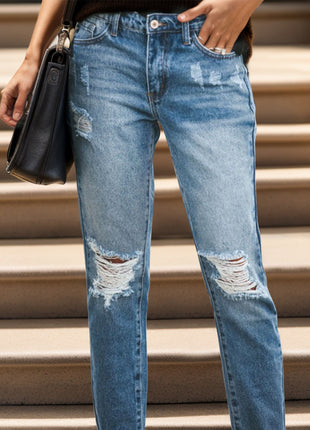 Distressed Raw Hem Jeans with Pockets