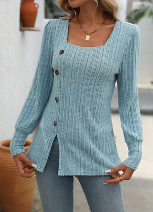 Decorative Button Striped Square Neck Long Sleeve T-Shirt