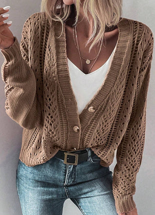 Openwork Button Up Long Sleeve Cardigan