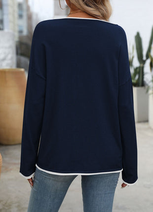 Contrast Trim Round Neck Long Sleeve Sweater