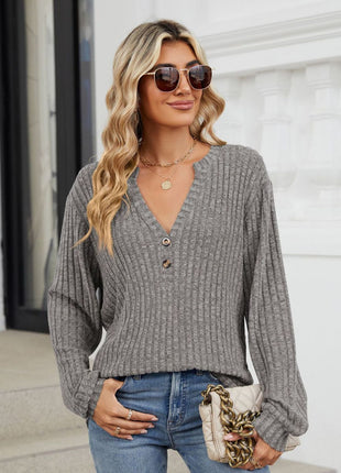 Ribbed Notched Long Sleeve T-Shirt