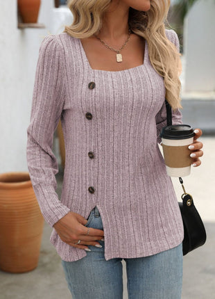 Decorative Button Striped Square Neck Long Sleeve T-Shirt