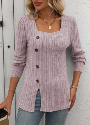 Decorative Button Striped Square Neck Long Sleeve T-Shirt