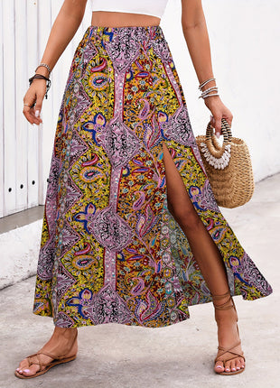 Slit Printed Mid-Length Waist Skirt