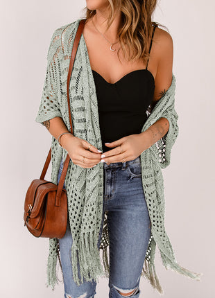 Openwork Open Front Cardigan with Fringes