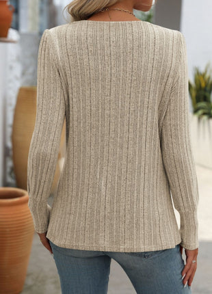 Decorative Button Striped Square Neck Long Sleeve T-Shirt