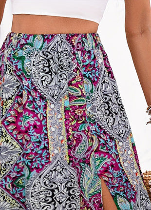 Slit Printed Mid-Length Waist Skirt