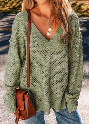 Openwork V-Neck Dropped Shoulder Sweater