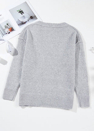 Openwork V-Neck Dropped Shoulder Sweater