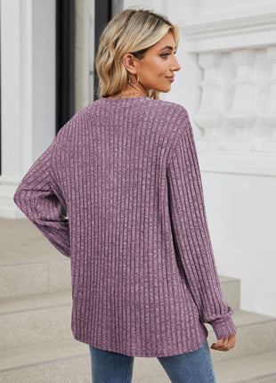 Ribbed Notched Long Sleeve T-Shirt