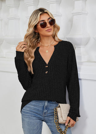 Ribbed Notched Long Sleeve T-Shirt