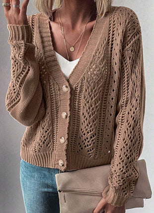 Openwork Button Up Long Sleeve Cardigan