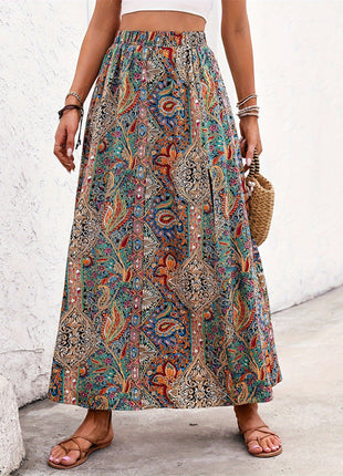 Slit Printed Mid-Length Waist Skirt