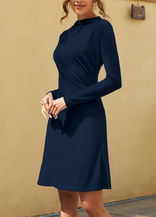 Ruched Mock Neck Long Sleeve Dress