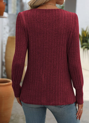 Decorative Button Striped Square Neck Long Sleeve T-Shirt