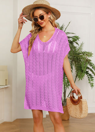 Double Take Openwork Short Sleeve Slit Knit Cover Up