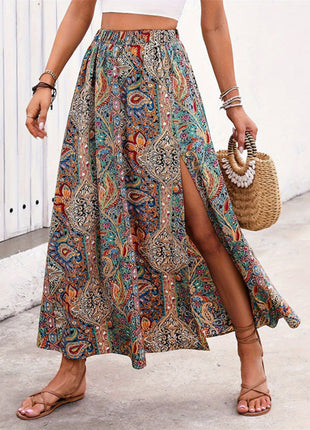 Slit Printed Mid-Length Waist Skirt