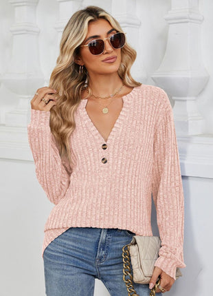 Ribbed Notched Long Sleeve T-Shirt