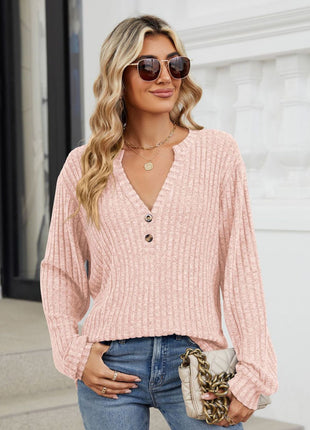 Ribbed Notched Long Sleeve T-Shirt