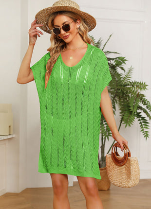 Double Take Openwork Short Sleeve Slit Knit Cover Up