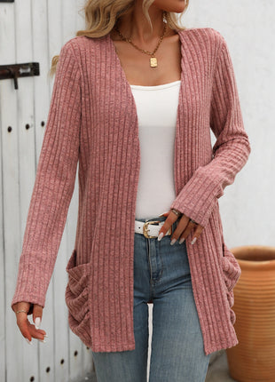 Open Front Long Sleeve Ribbed Cardigan