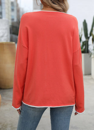 Contrast Trim Round Neck Long Sleeve Sweater