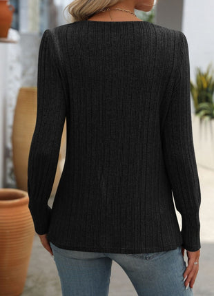 Decorative Button Striped Square Neck Long Sleeve T-Shirt