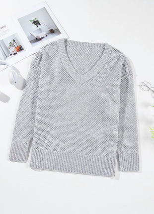 Openwork V-Neck Dropped Shoulder Sweater