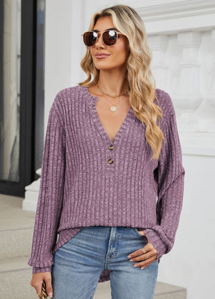 Ribbed Notched Long Sleeve T-Shirt