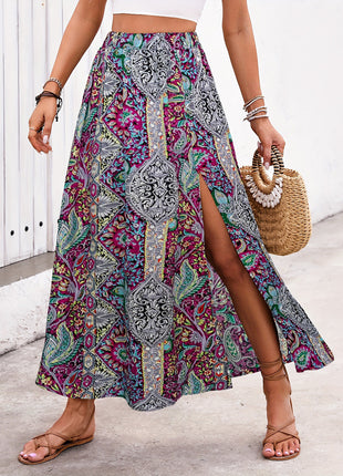 Slit Printed Mid-Length Waist Skirt