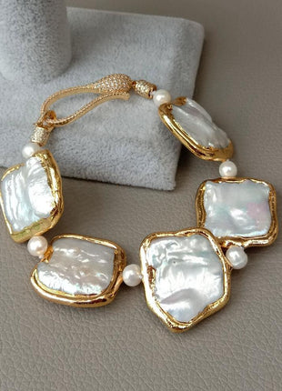 Natural Geometric White Square Keshi Pearl Gold Color Plated Bracelet - GypsyHeart