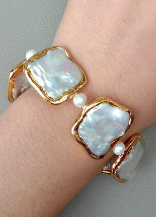Natural Geometric White Square Keshi Pearl Gold Color Plated Bracelet - GypsyHeart