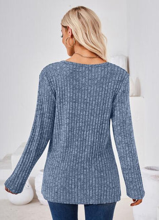 Ribbed Buttoned Round Neck Slit Sweater