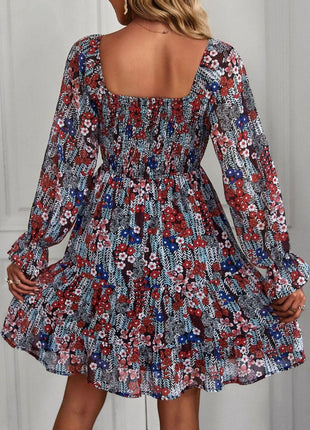 Floral Long Flounce Sleeve Square Neck Dress - GypsyHeart