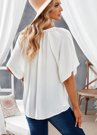 Gathered Detail Notched Neck Flutter Sleeve Top - GypsyHeart