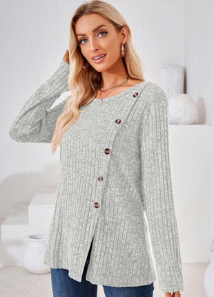 Ribbed Buttoned Round Neck Slit Sweater
